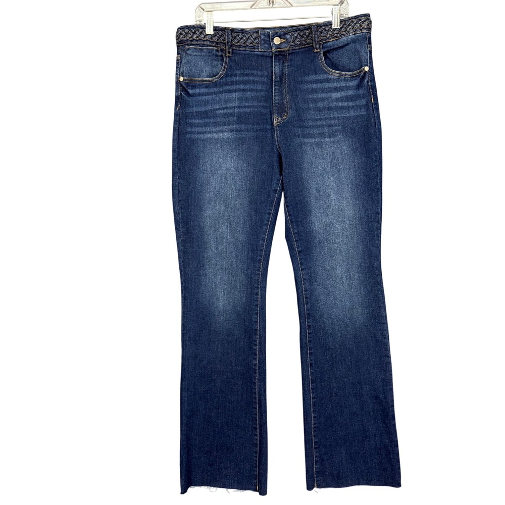 OAT New York Flare Jeans Womens 12/31‎ Blue Braided Waistband Raw Hem High Rise